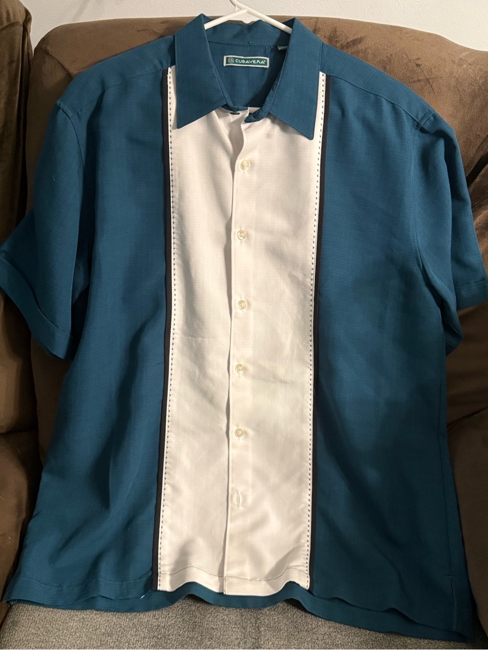 Cubavera Teal and White Short-Sleeve Guayabera Shirt large mens